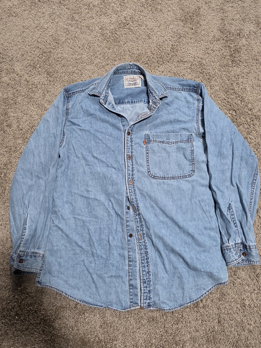 Vintage Levi's Light Wash Denim Long Sleeve Shirt with Orange Tab, Size M